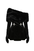 daphne long sleeve fur Velvet mini Dress in black