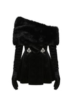 daphne long sleeve fur Velvet mini Dress in black
