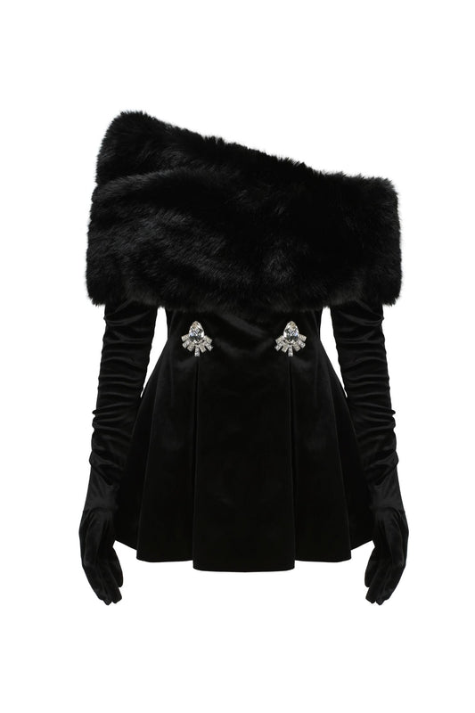 daphne long sleeve fur Velvet mini Dress in black