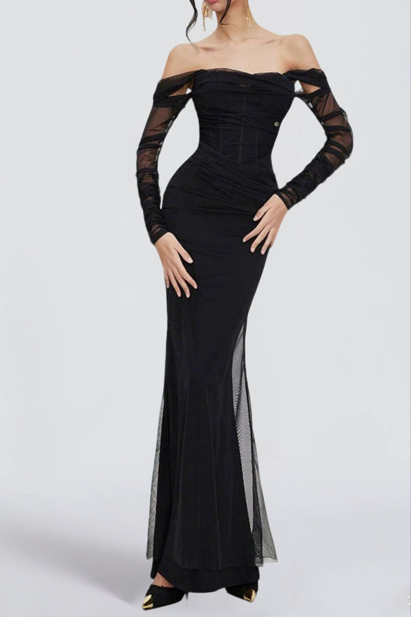 Ariel Black Mesh Off-Shoulder Mermaid Maxi Dress