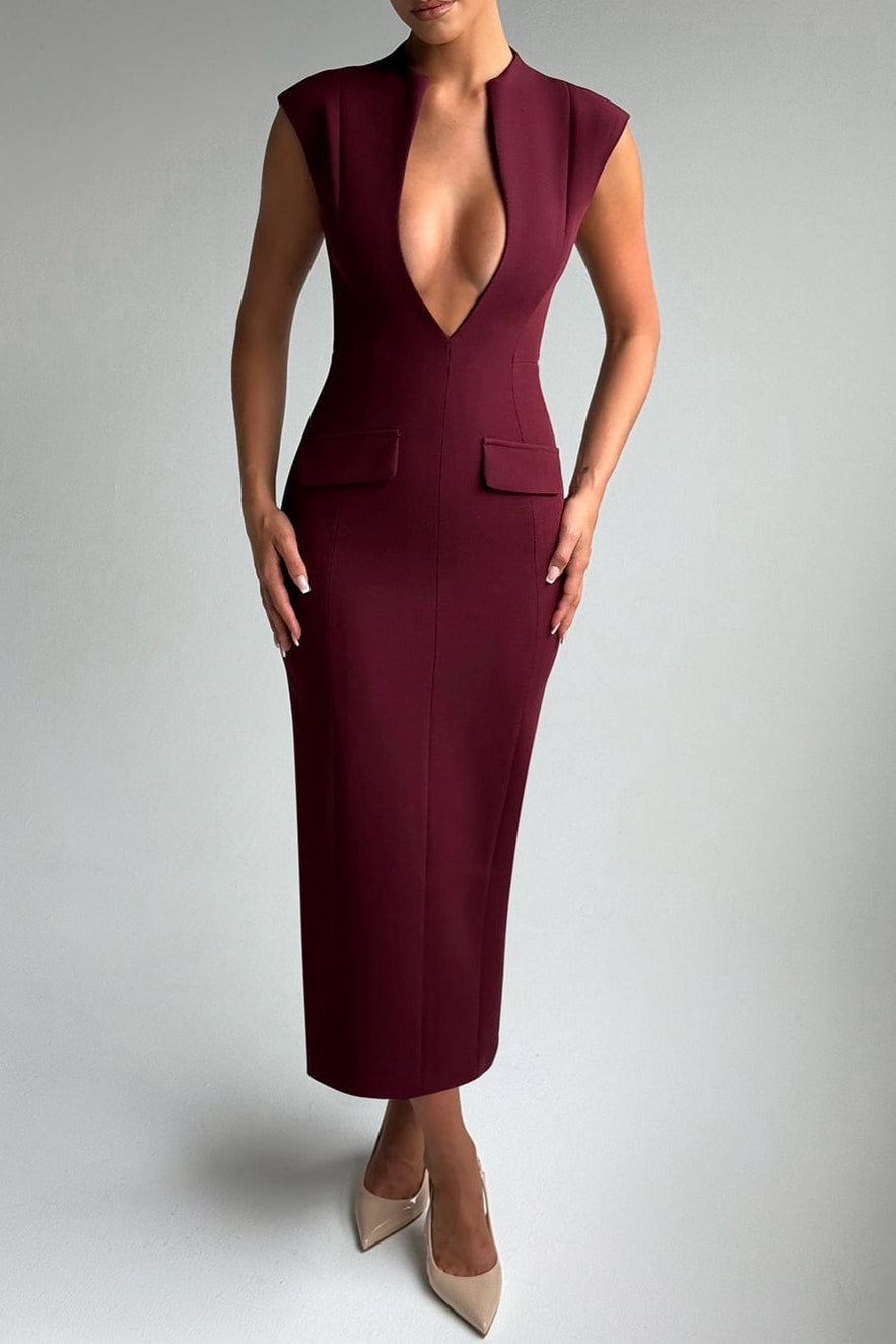 Flowering Girl Women nellie v-neck bodycon midi dress in cherry lacquer