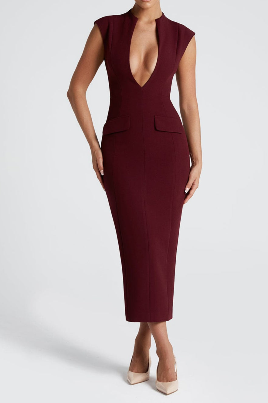 Nellie v-Neck Bodycon Midi Dress In Cherry Lacquer