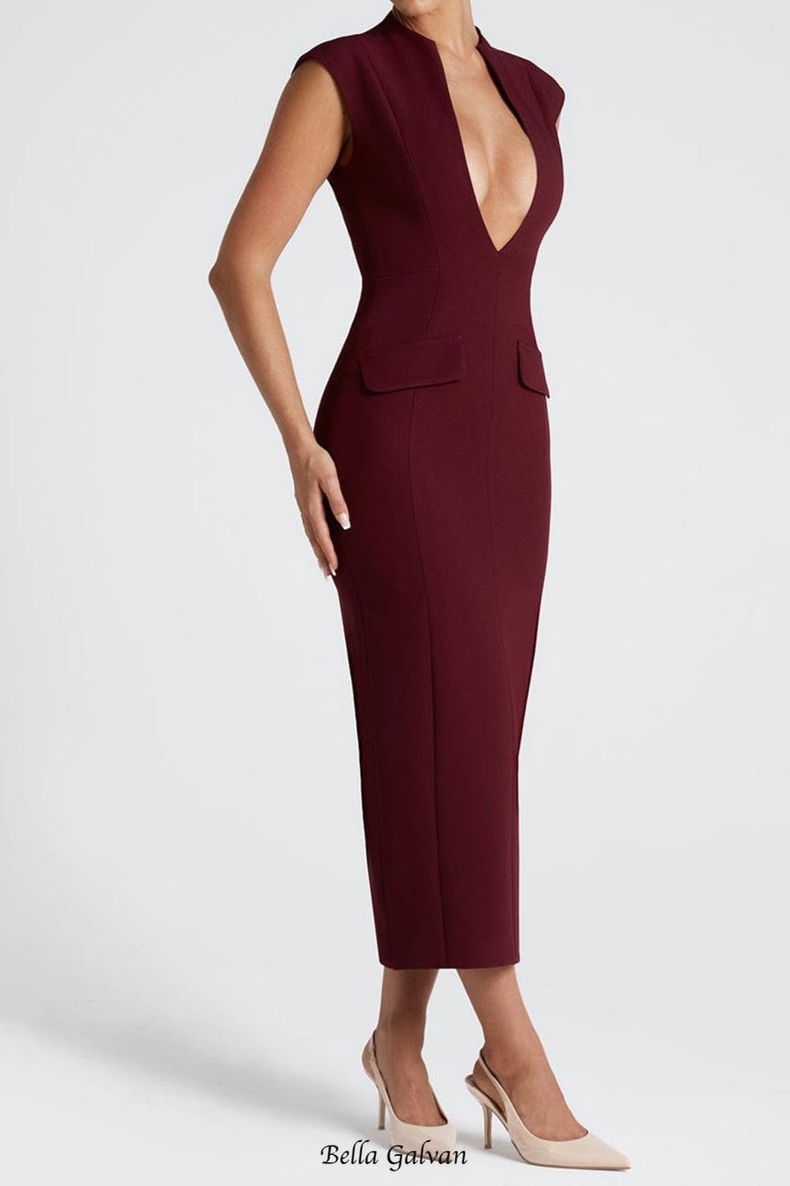 Flowering Girl Women nellie v-neck bodycon midi dress in cherry lacquer