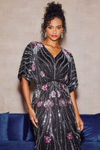 Flowering Girl Women doreen Floral Embroidered Sequins Maxi Dress - black