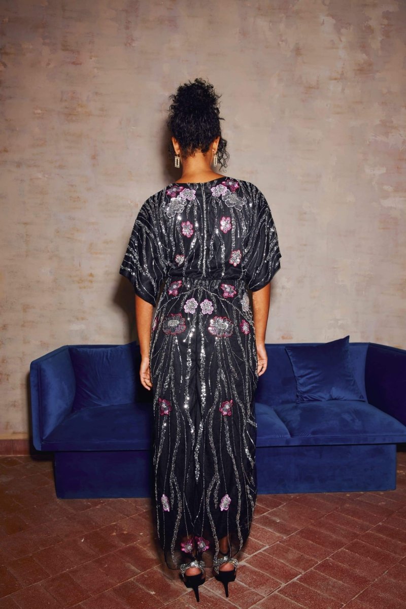 Flowering Girl Women doreen Floral Embroidered Sequins Maxi Dress - black