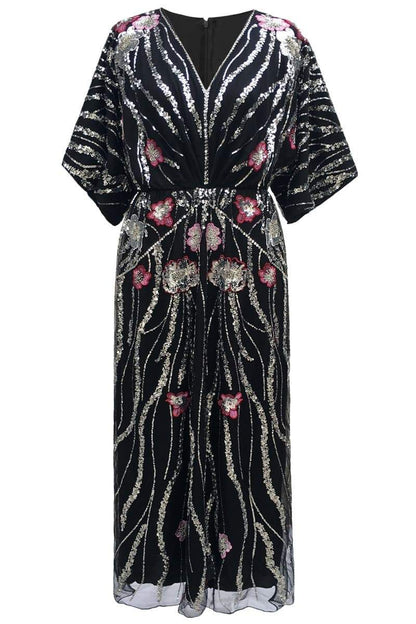 doreen Floral Embroidered Sequins Maxi Dress - black