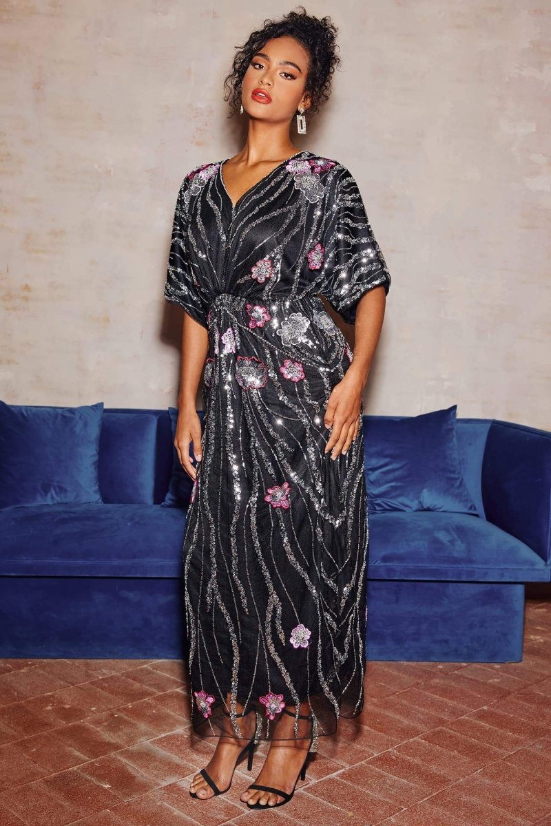 Flowering Girl Women doreen Floral Embroidered Sequins Maxi Dress - black