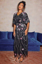Flowering Girl Women doreen Floral Embroidered Sequins Maxi Dress - black