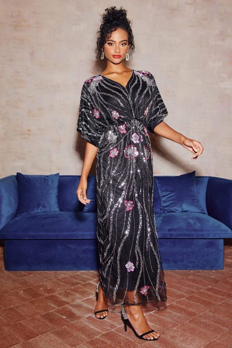 Flowering Girl Women doreen Floral Embroidered Sequins Maxi Dress - black