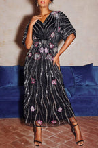Flowering Girl Women doreen Floral Embroidered Sequins Maxi Dress - black