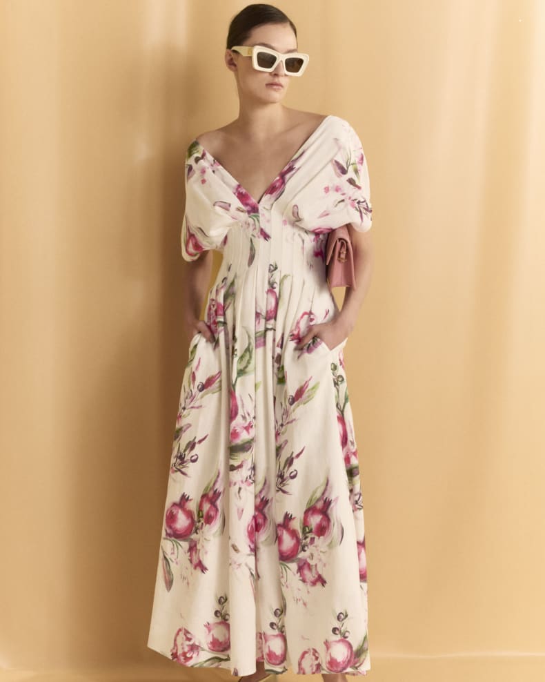 Flowering Girl Women Sonya Pleated Floral Print Maxi Dress in white