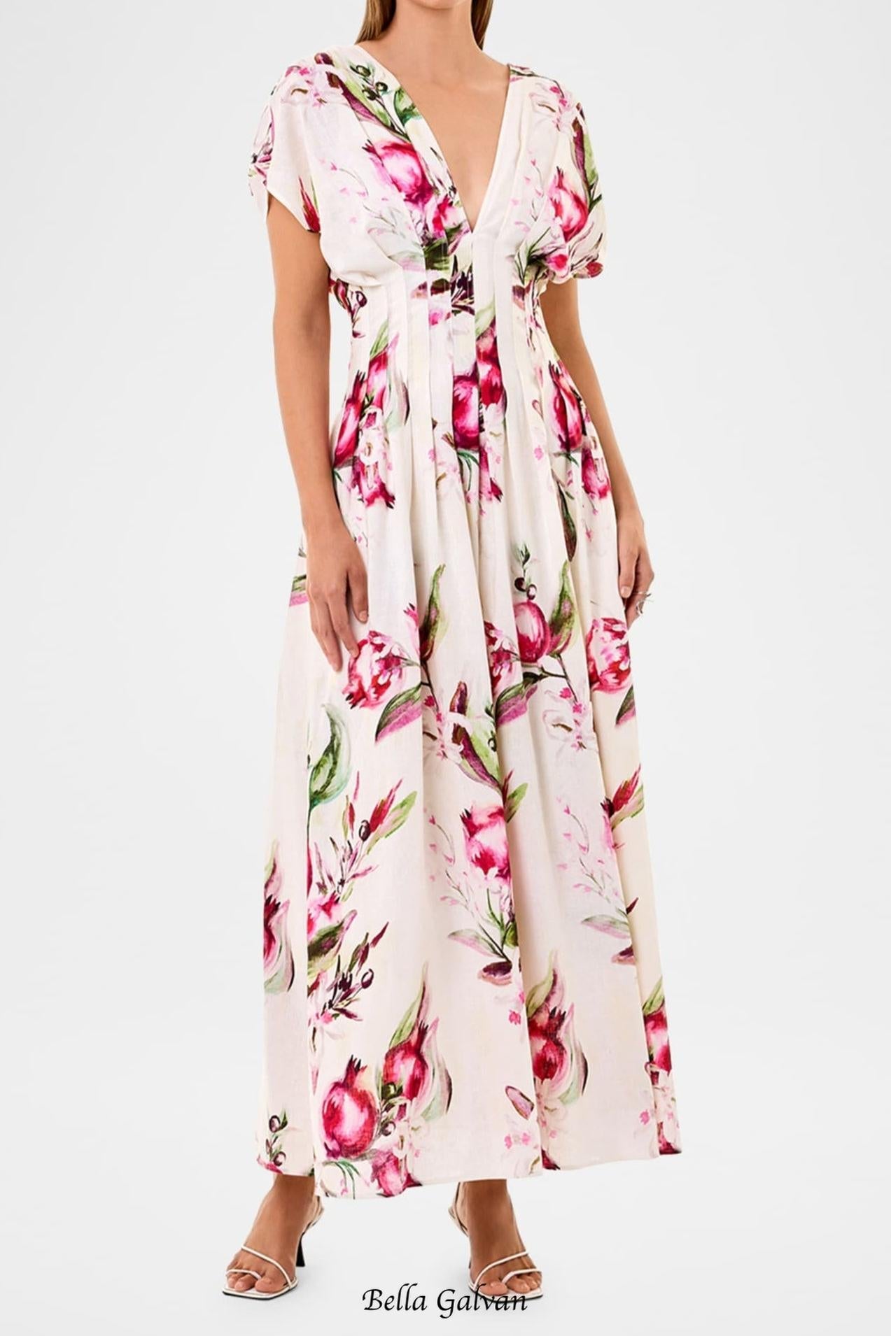 Flowering Girl Women Sonya Pleated Floral Print Maxi Dress in white