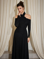 monica Cross Shoulder High Neck Maxi Dress in black