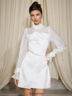 Flowering Girl Women sabrina High Neck Mesh Patchwork Mini Dress in white