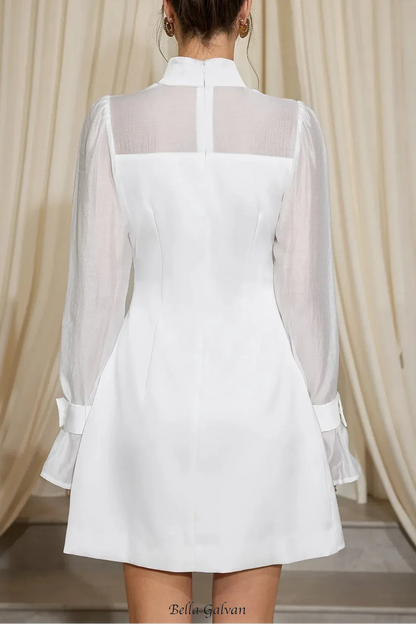 sabrina High Neck Mesh Patchwork Mini Dress in white