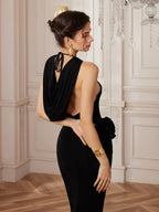Flowering Girl Women ashley Metal-Buckle Halter Slim-Fit Maxi Dress in black