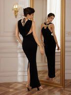 Flowering Girl Women ashley Metal-Buckle Halter Slim-Fit Maxi Dress in black