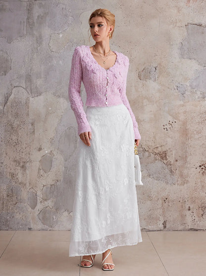 anna Pink 3d flower V-neck sweater