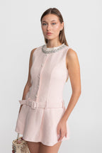 zenobia Crystal Embellished Tweed Mini Dress With Belt – Blush