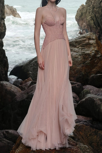 tiffany Lace Corset Tulle Maxi Dress – Blush