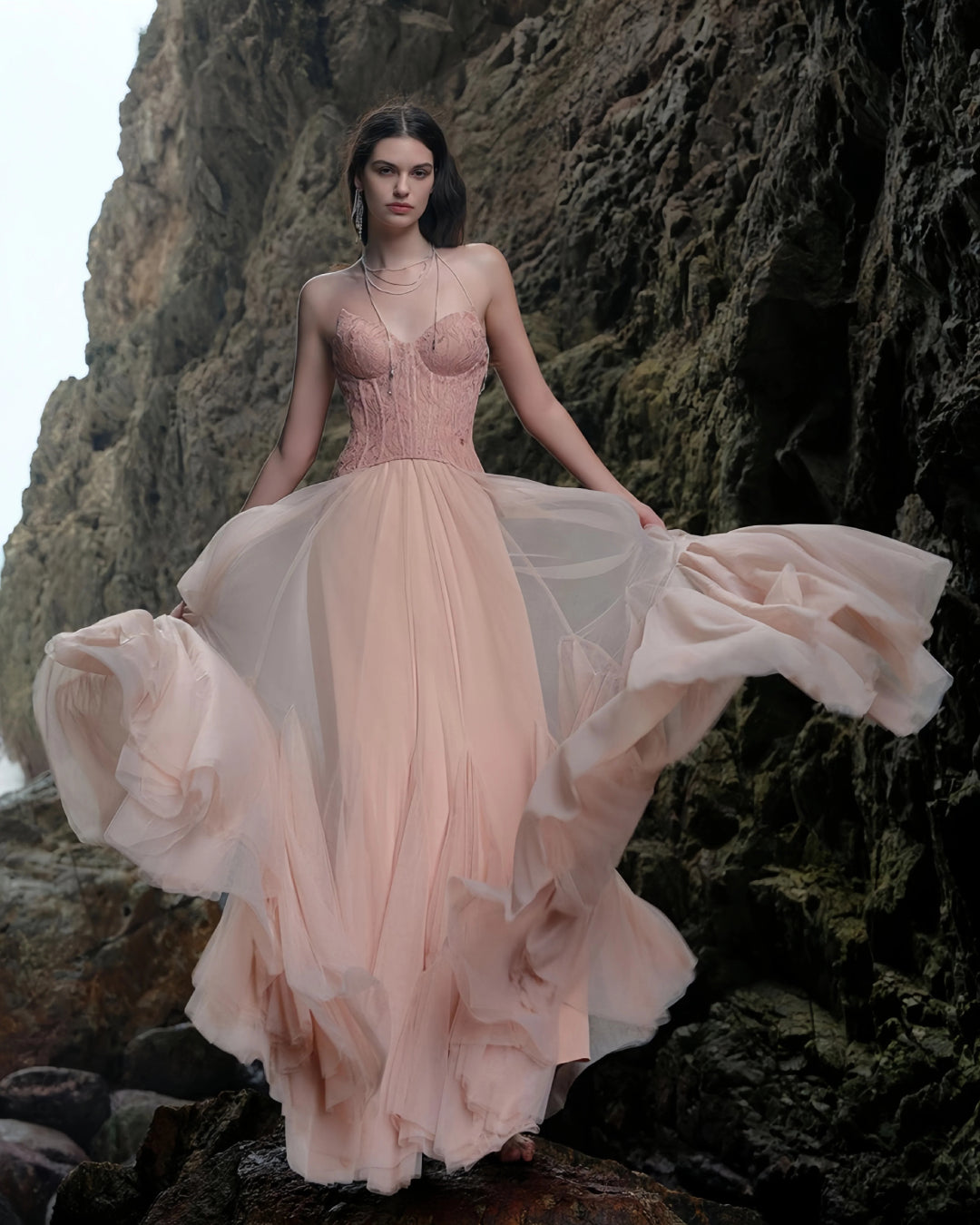 tiffany Lace Corset Tulle Maxi Dress – Blush