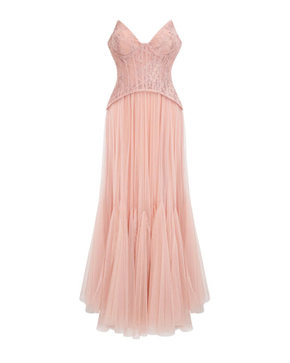 tiffany Lace Corset Tulle Maxi Dress – Blush