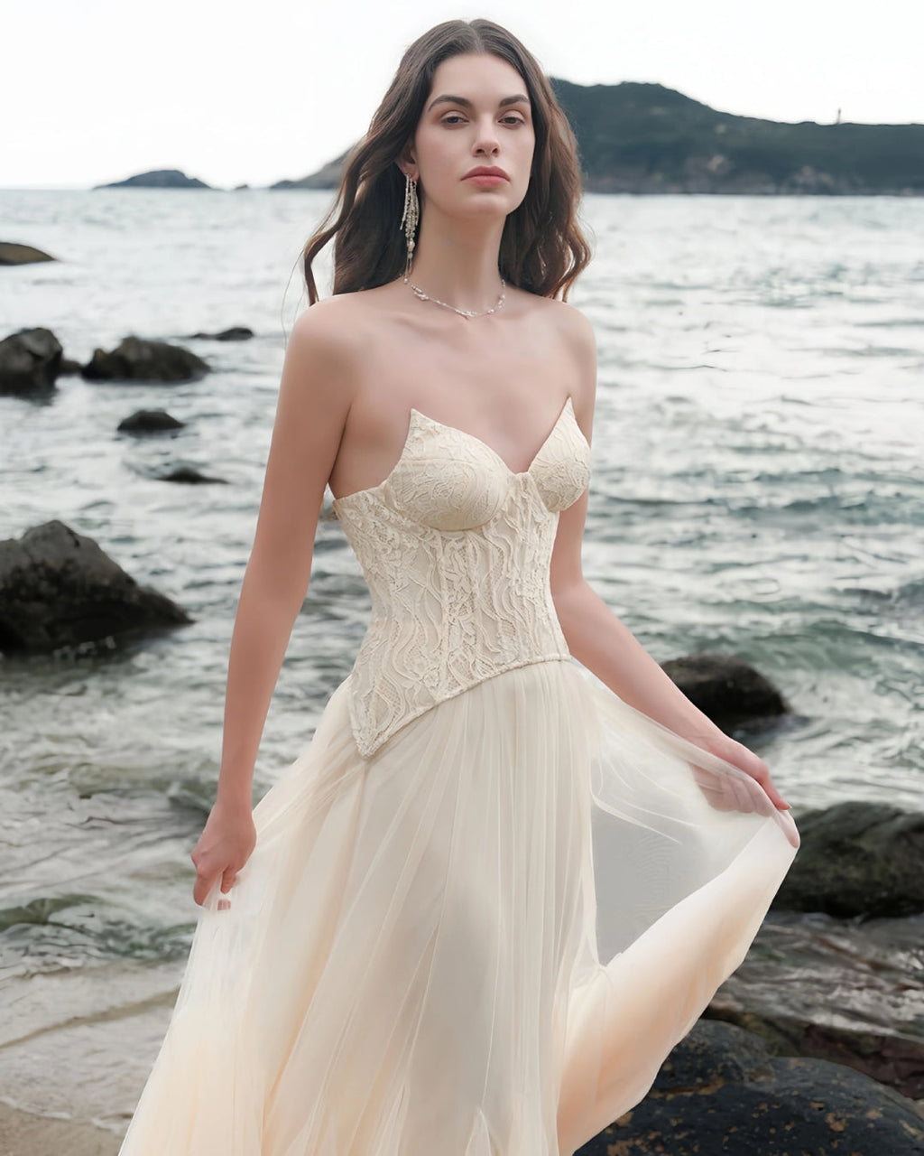tiffany Lace Corset Tulle Maxi Dress – Apricot