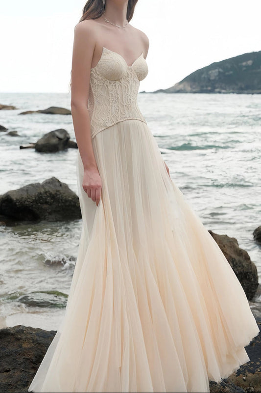 tiffany Lace Corset Tulle Maxi Dress – Apricot
