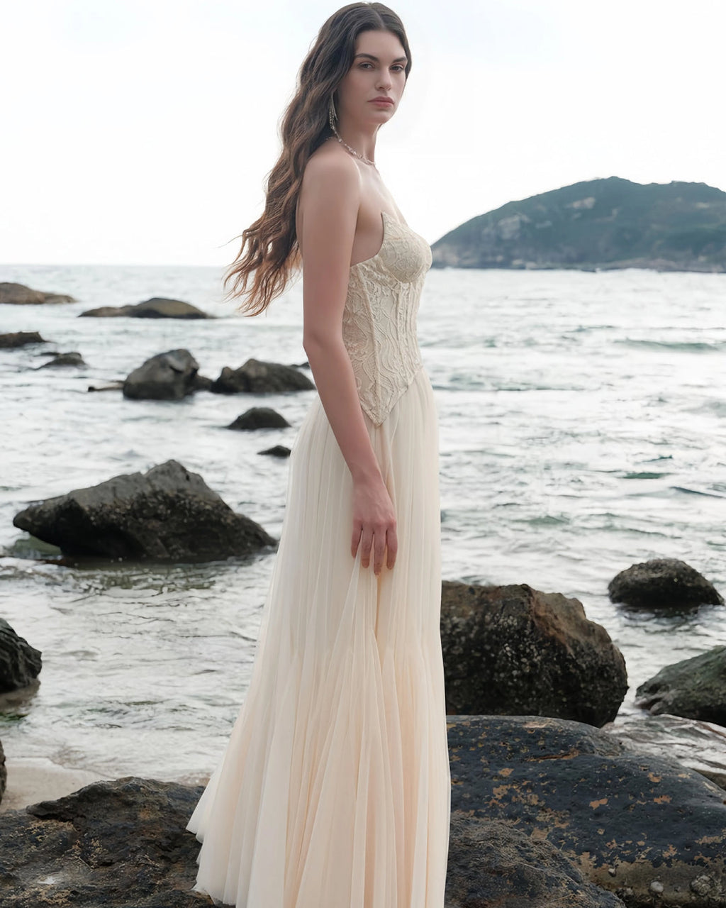 tiffany Lace Corset Tulle Maxi Dress – Apricot