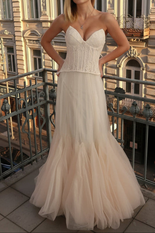 tiffany Lace Corset Tulle Maxi Dress – Apricot