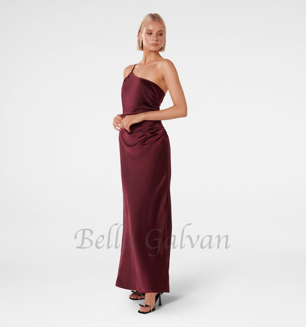 Flowering Girl Women bordeaux one shoulder satin maxi dress