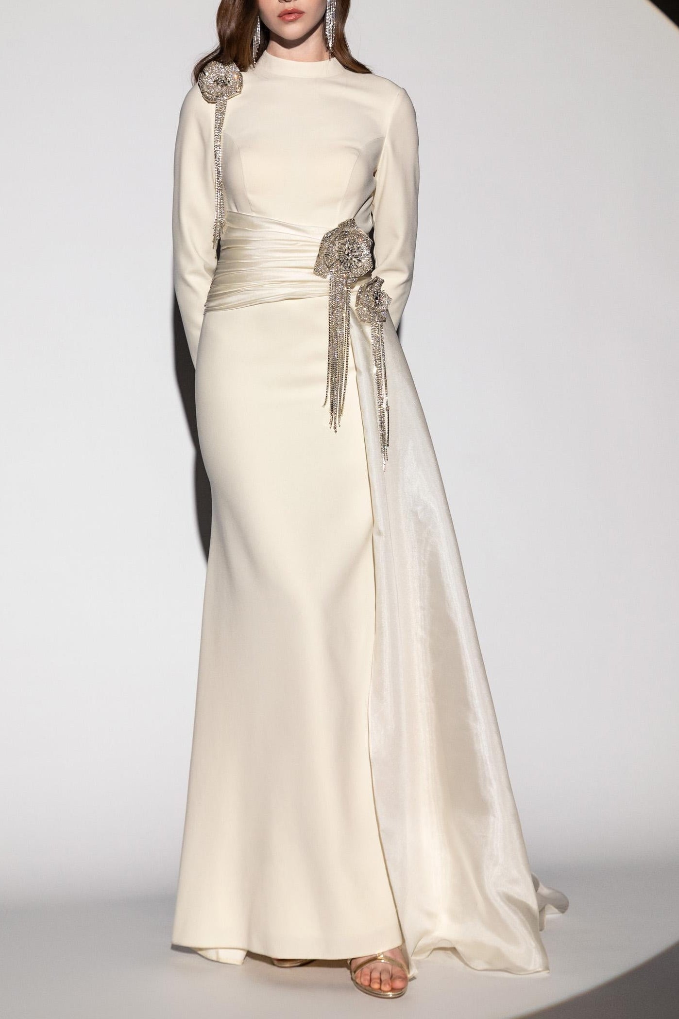 Crystal Flower Long-Sleeve Lace Pleated Maxi Dress In Apricot