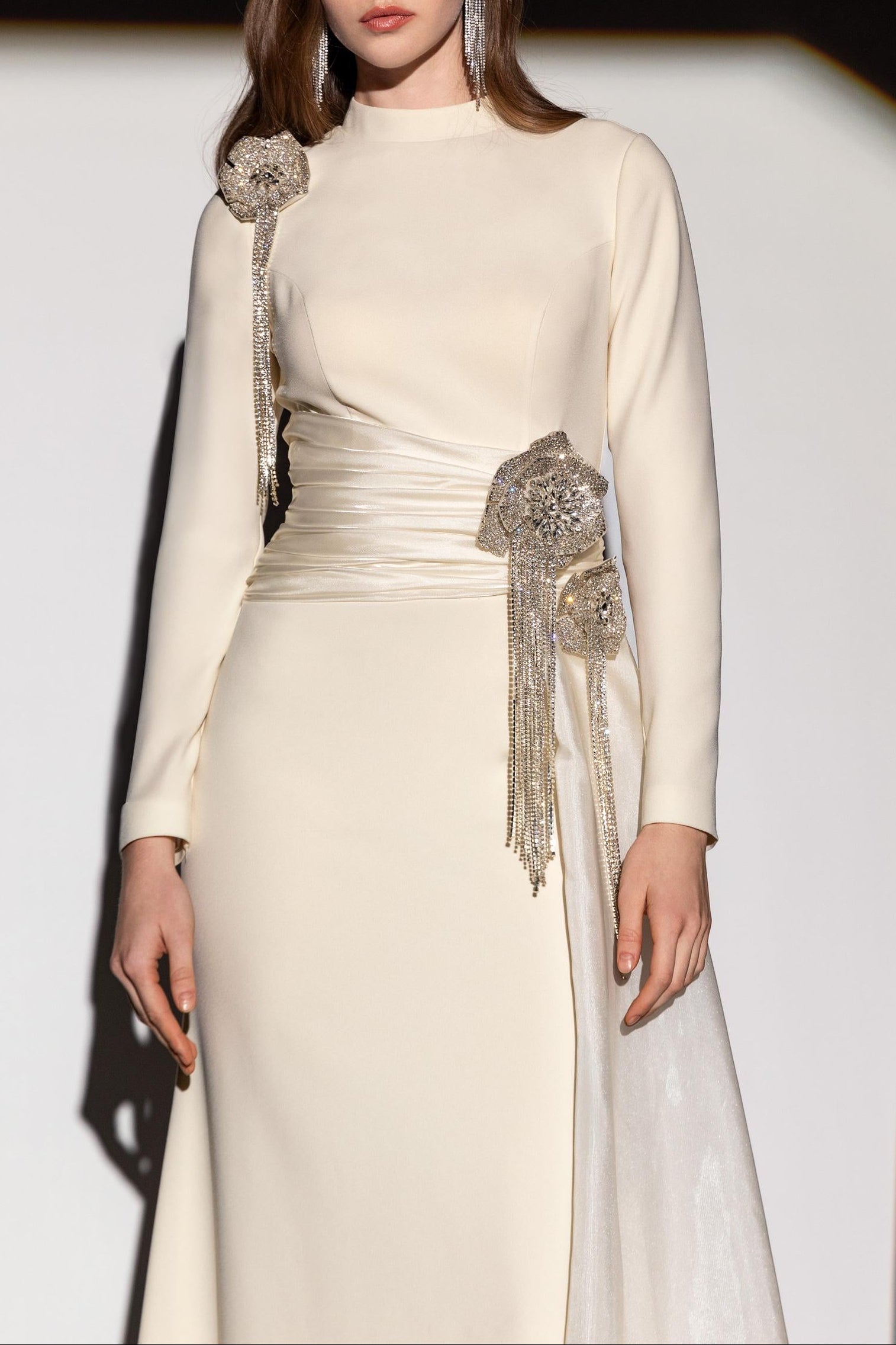 Crystal Flower Long-Sleeve Lace Pleated Maxi Dress In Apricot