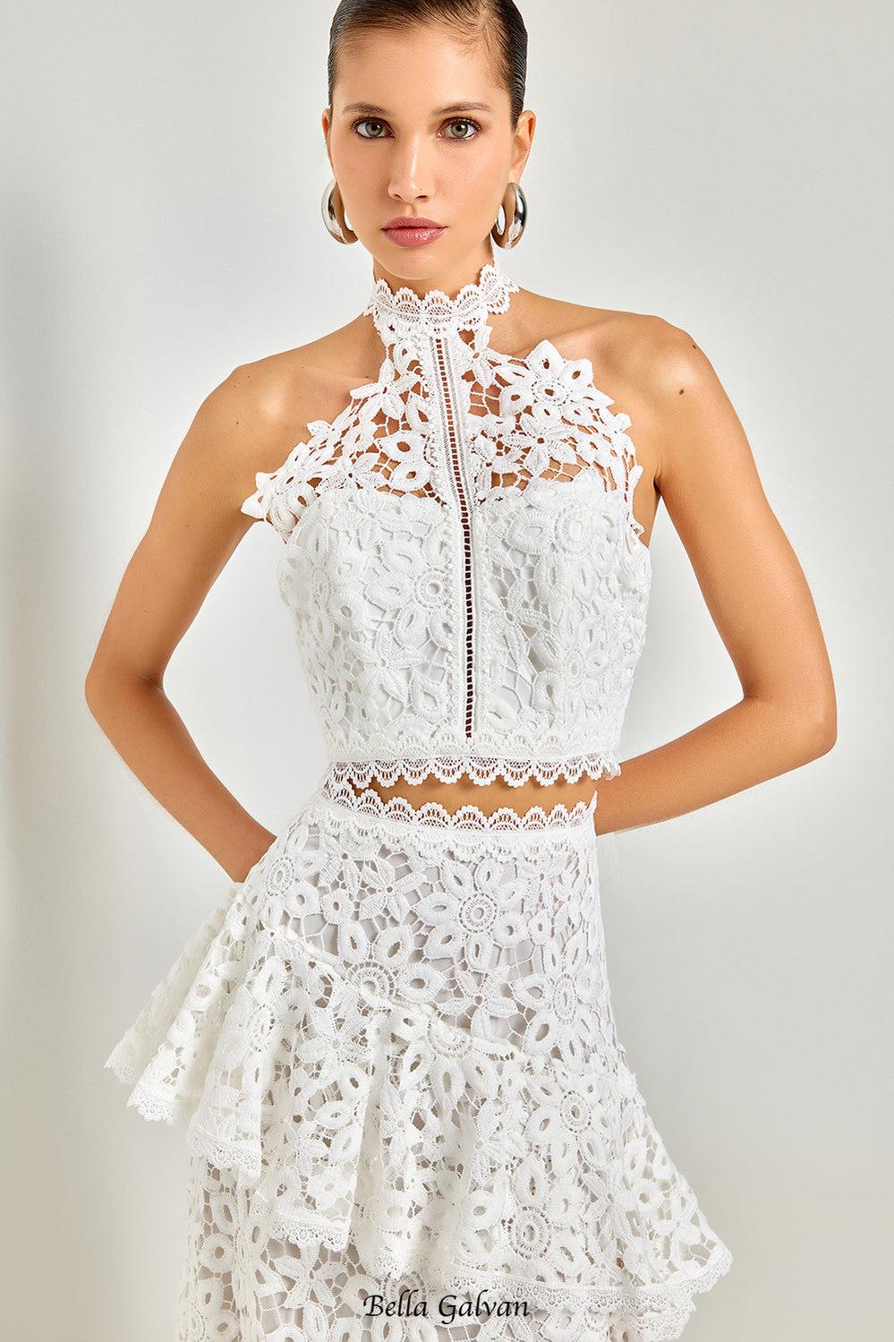 Flowering Girl Women Lace sleeveless top irregular skirt set in white