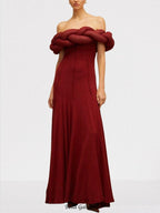 Padded Braided Off-Shoulder Maxi Dress in burgundy