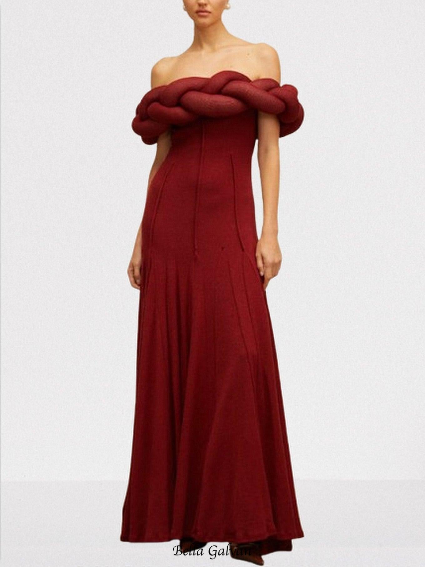 Padded Braided Off-Shoulder Maxi Dress in burgundy