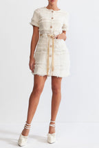 Flowering Girl Women marguerite Pearl Chain Tweed mini Dress - Beige