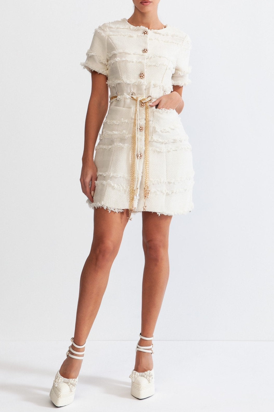 Flowering Girl Women marguerite Pearl Chain Tweed mini Dress - Beige