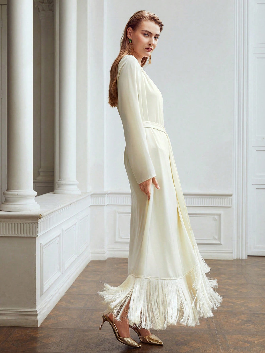 Flowering Girl Women Belted Satin Fringe-Hem Dress