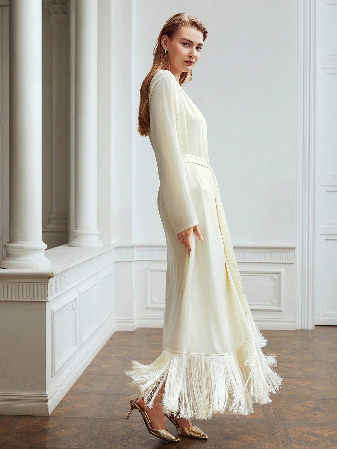Flowering Girl Women Belted Satin Fringe-Hem Dress