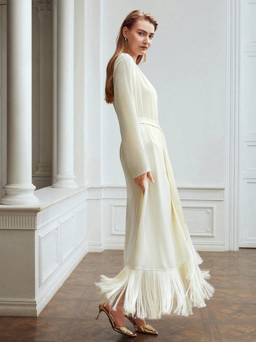 Flowering Girl Women Belted Satin Fringe-Hem Dress