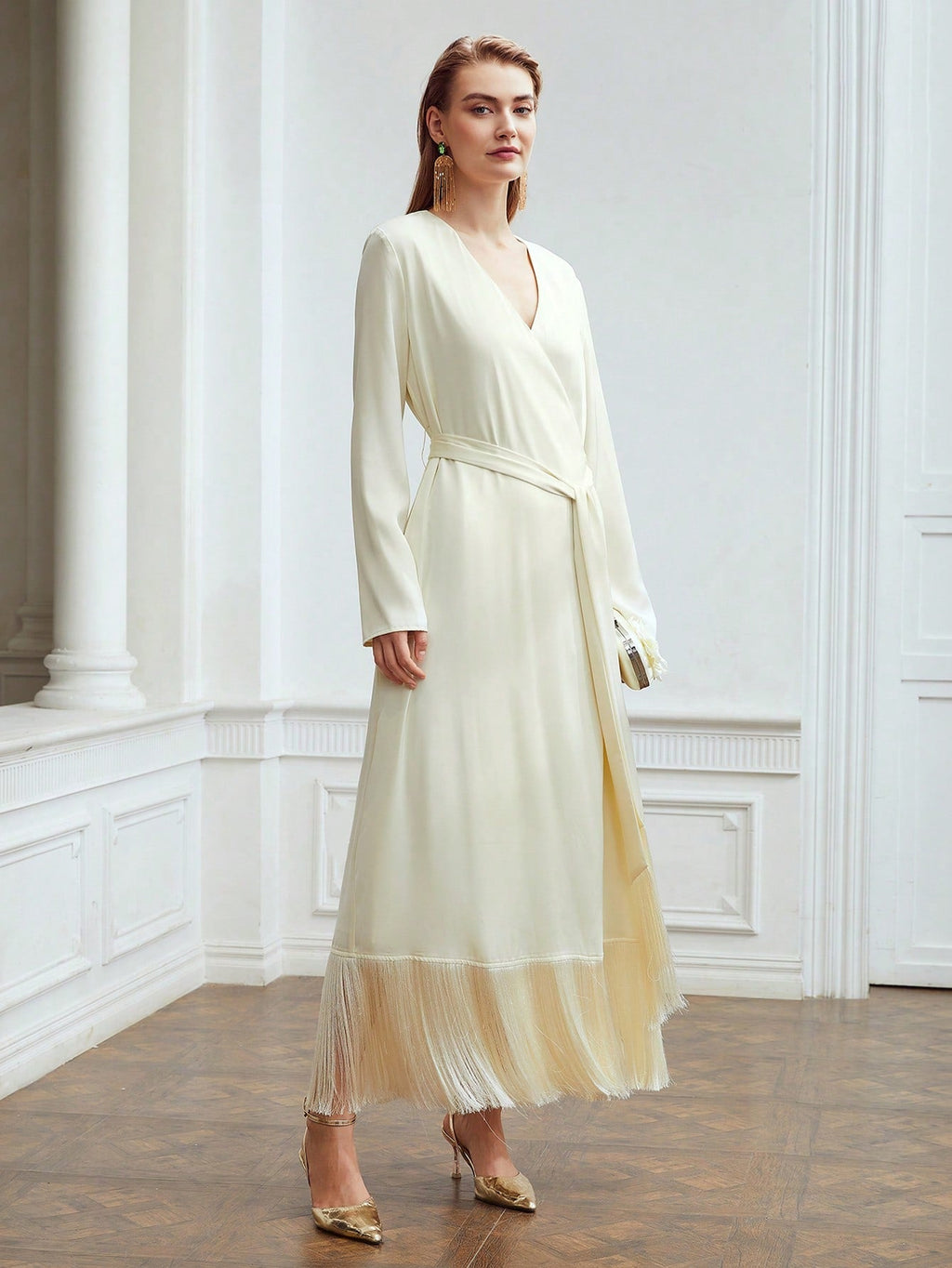 Flowering Girl Women Belted Satin Fringe-Hem Dress