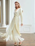 Flowering Girl Women Belted Satin Fringe-Hem Dress