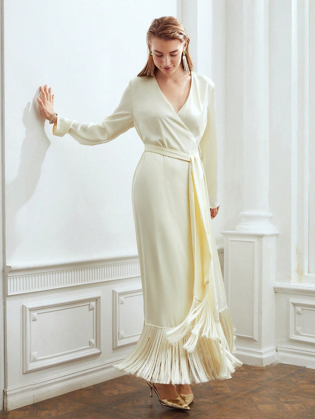Flowering Girl Women Belted Satin Fringe-Hem Dress