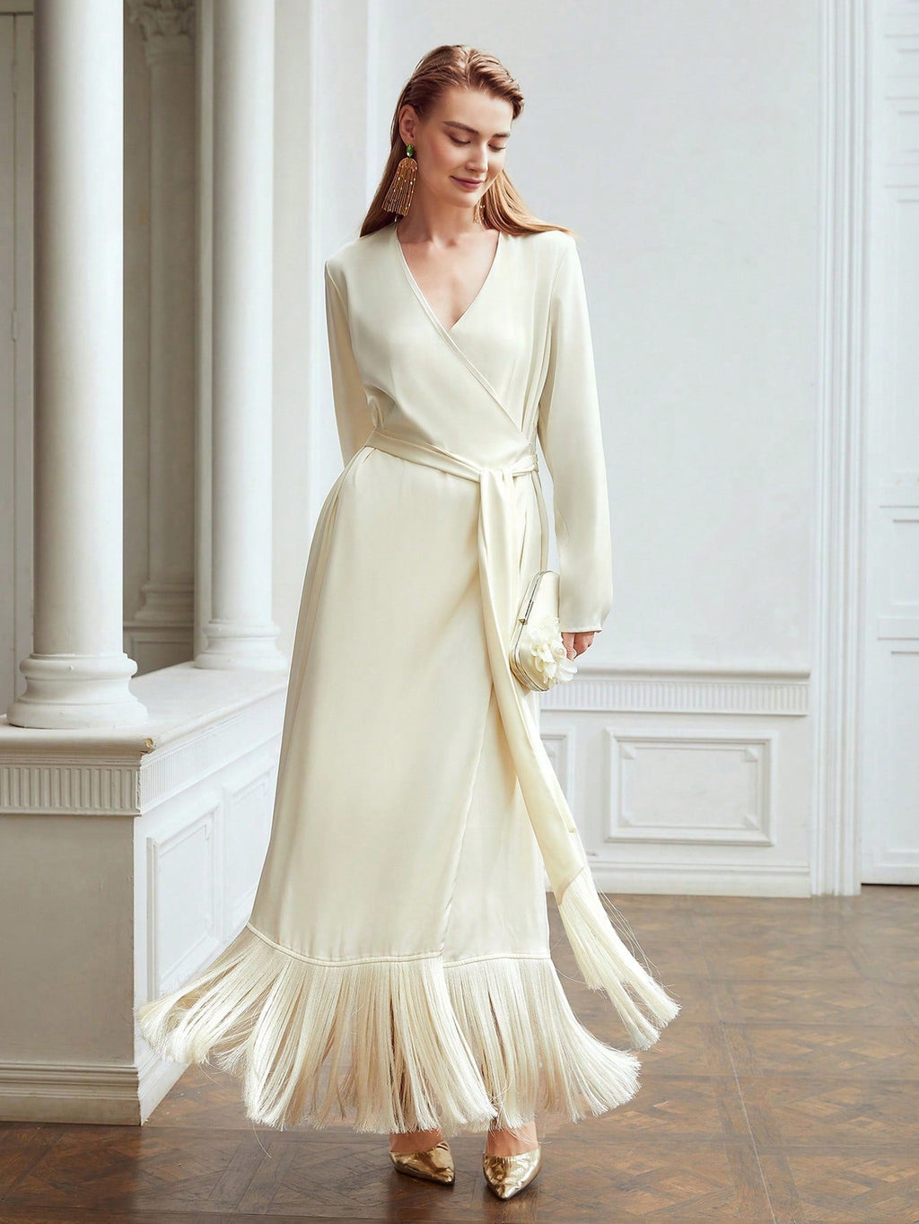 Flowering Girl Women Belted Satin Fringe-Hem Dress