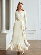 Flowering Girl Women Belted Satin Fringe-Hem Dress