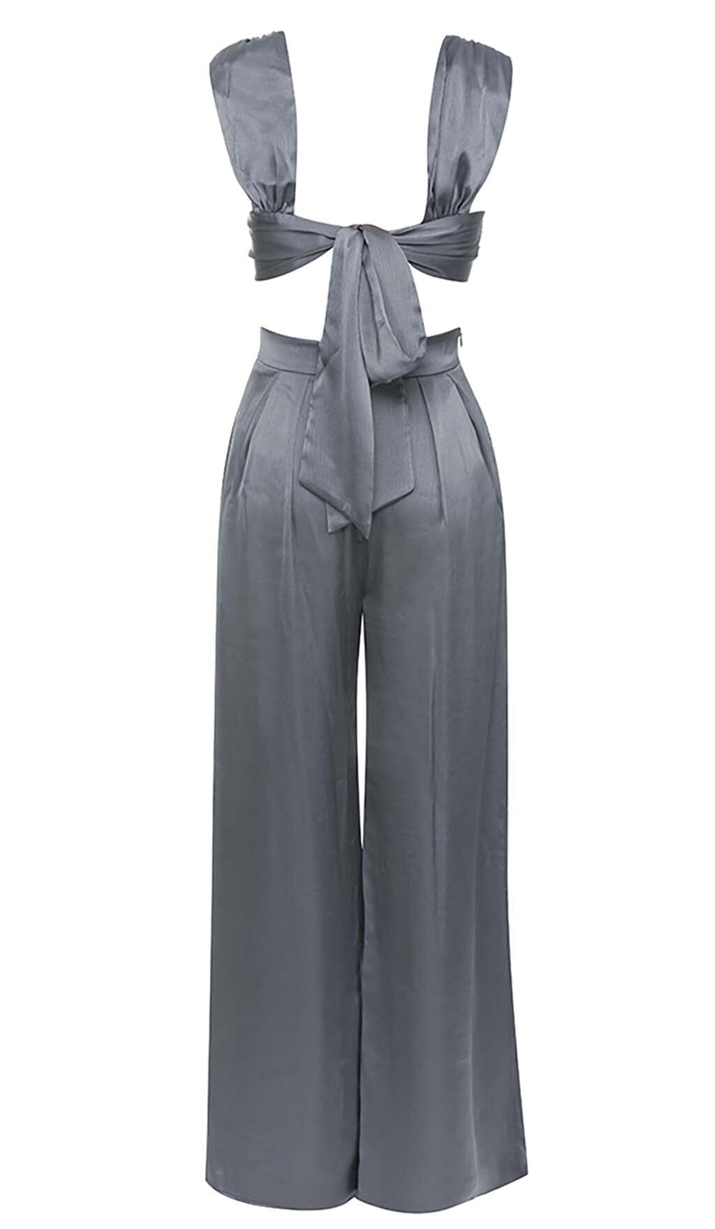 Flowering Girl Women Plunge Satin Two-Piece Suit In Gray