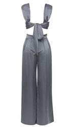 Flowering Girl Women Plunge Satin Two-Piece Suit In Gray