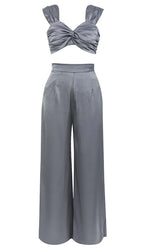 Flowering Girl Women Plunge Satin Two-Piece Suit In Gray