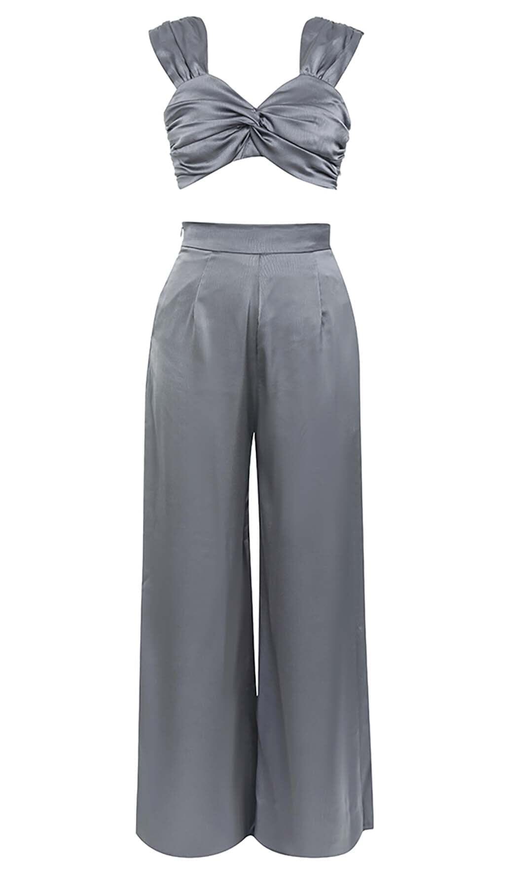 Flowering Girl Women Plunge Satin Two-Piece Suit In Gray